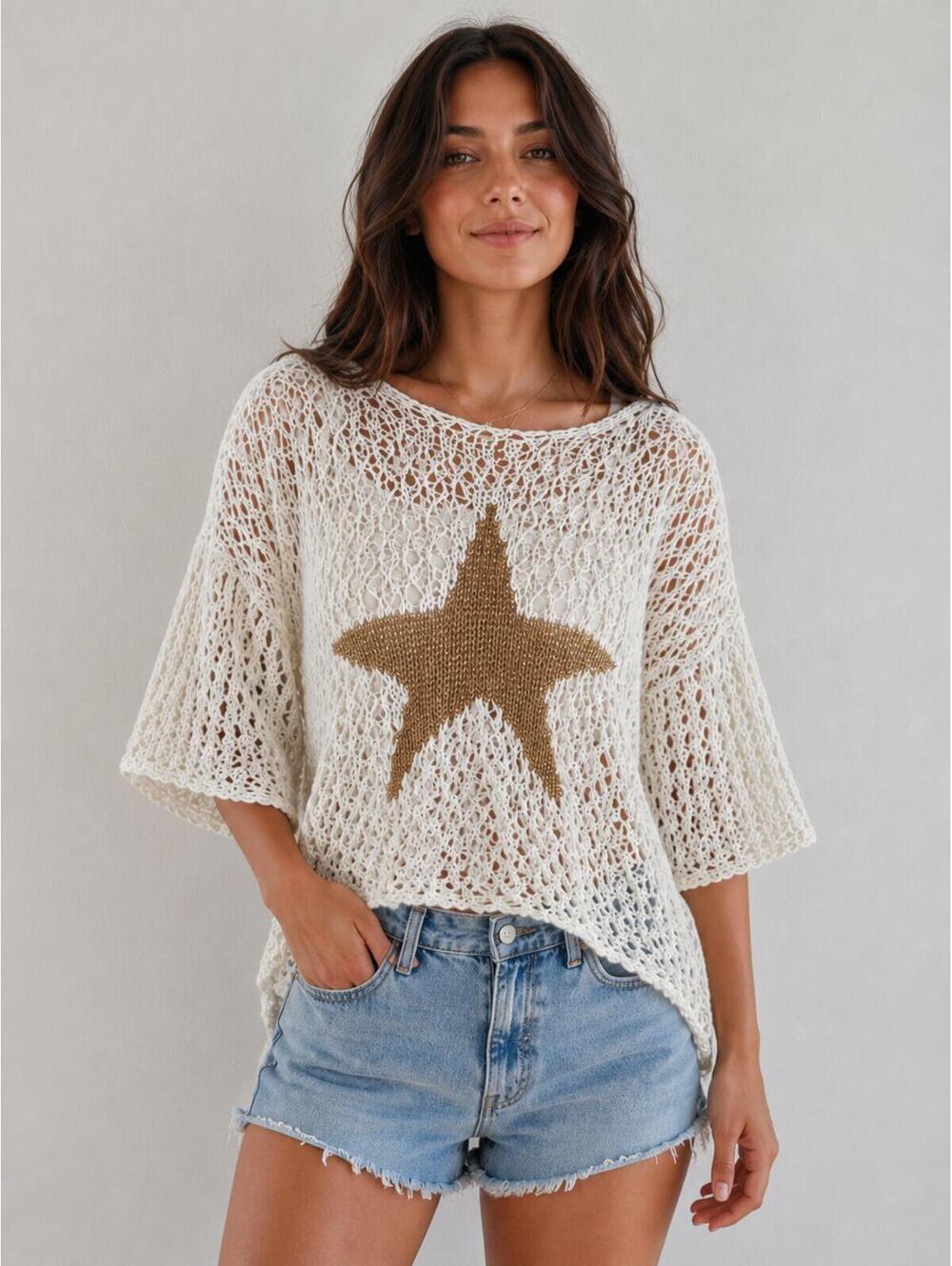 CH New Collection Italy White Open Knit Gold Star Oversized Sweater Top‎